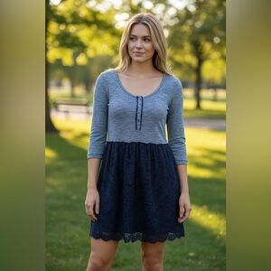 Anthro Lilka‎ Dress Womens Small Blue Lace Overlay Henley Knit Boho Stretch